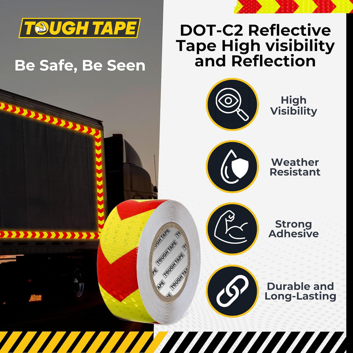 DOT C2 Safety Reflective Tape 2IN x 100 FT - Outdoor Waterproof Conspicuity Tape - Arrow Reflector Tape for Trailers, Vehicles, Boats - Strong Reflective Safety for Caution Warning Signs