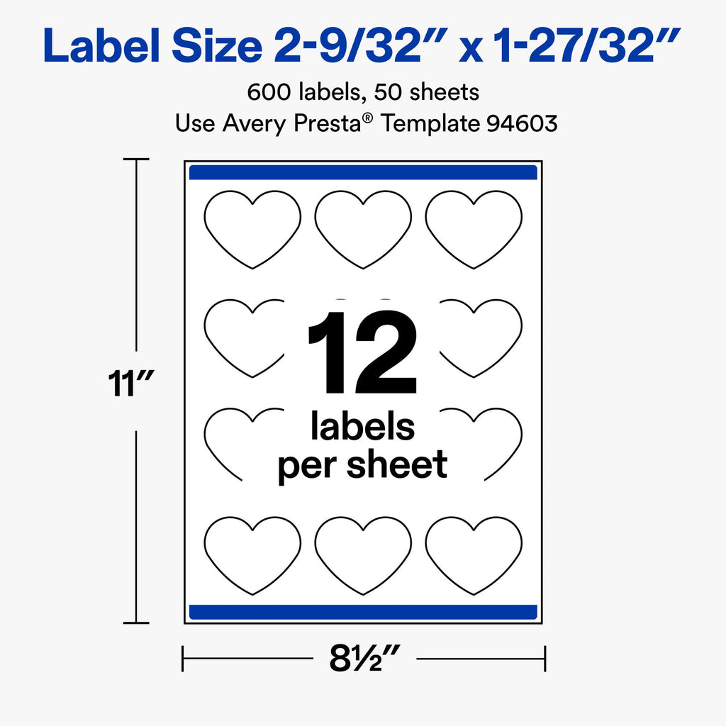 Avery® Matte White Heart Labels, 2-9/32" x 1-27/32", 600 Total 600 labels