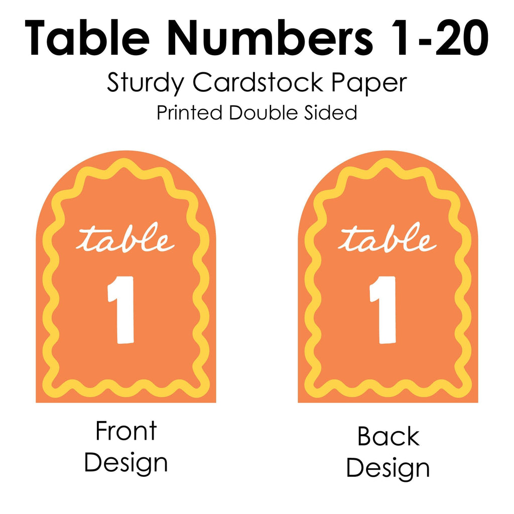 Big Dot of Happiness Orange and Yellow Wavy Table Numbers, Retro Wedding or Birthday Party Decor Centerpieces, Double-Sided 5 x 7 inches Cards, Table Numbers - 1-20