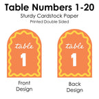 Big Dot of Happiness Orange and Yellow Wavy Table Numbers, Retro Wedding or Birthday Party Decor Centerpieces, Double-Sided 5 x 7 inches Cards, Table Numbers - 1-20
