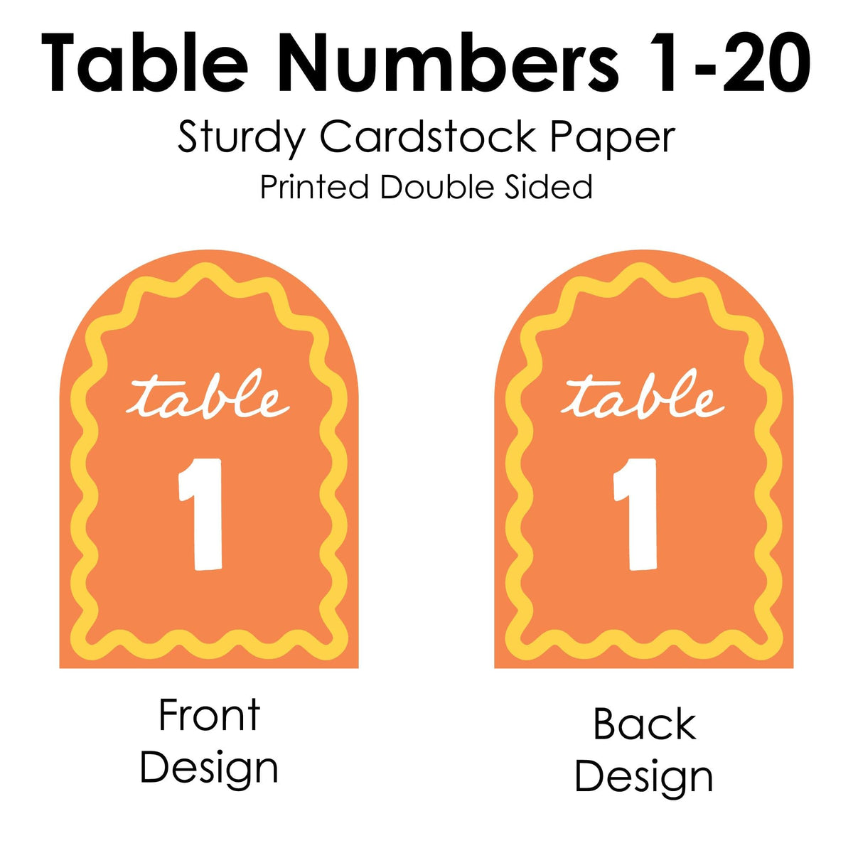 Big Dot of Happiness Orange and Yellow Wavy Table Numbers, Retro Wedding or Birthday Party Decor Centerpieces, Double-Sided 5 x 7 inches Cards, Table Numbers - 1-20