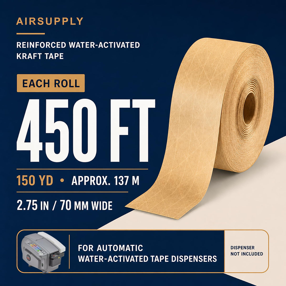AIRSUPPLY 2.75 in x 450 ft Water Activated Reinforced Kraft Tape, 2 Rolls