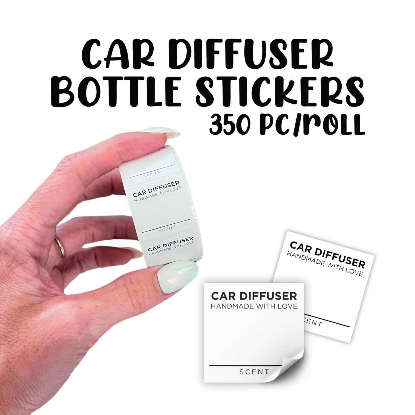 Car Oil Diffuser Hanging Bottle Scent Label | 350 pc Roll Mini 1x1” Inch Square Warning Sticker White Minimalist Instruction Care Card Wooden Top Bullet, Vent Diffusers, Car Reed Diffuser Sticker