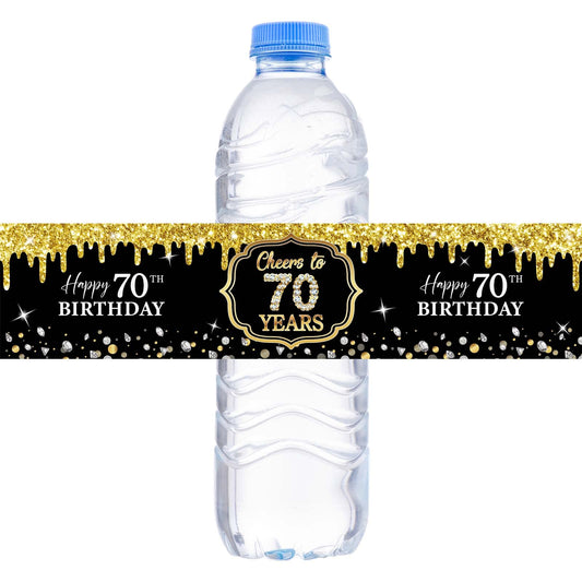 WOWOPA 32Pcs Cheers to 70 Years Water Bottle Labels, Happy 70th Birthday Labels Stickers for Women and Men Birthday Party Decorations - Black