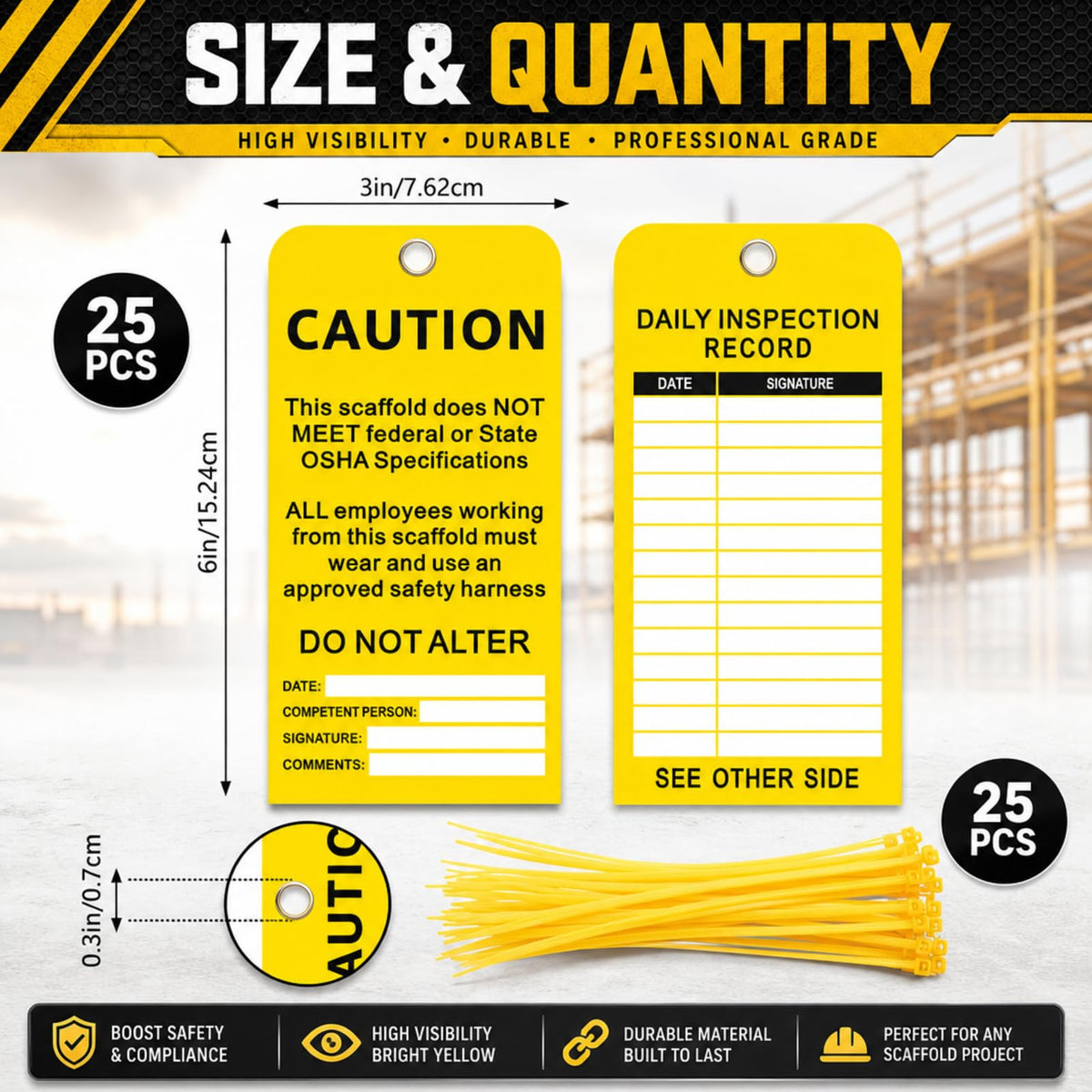 25 Pack Scaffold Status Tags with Cable Ties Yellow Caution Inspection