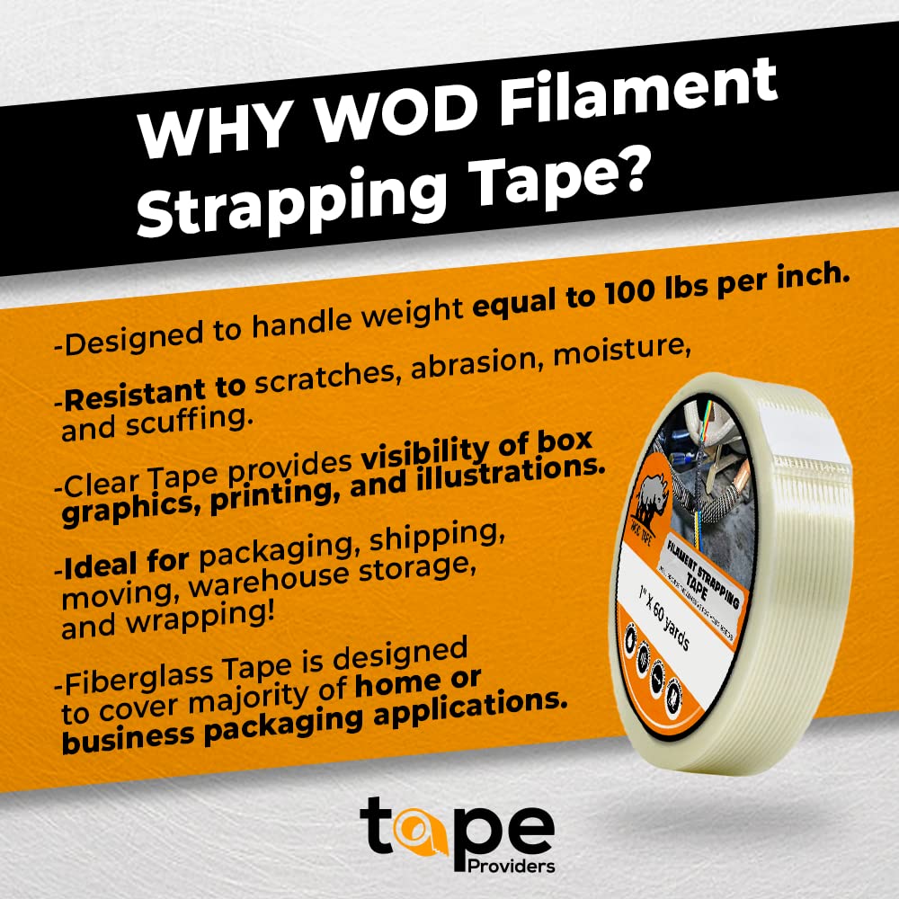 WOD UFST39 Fiberglass Reinforced Filament Strapping Tape, 1 inch x 60 yds. 4 Mil, Filaments Run Lengthwise