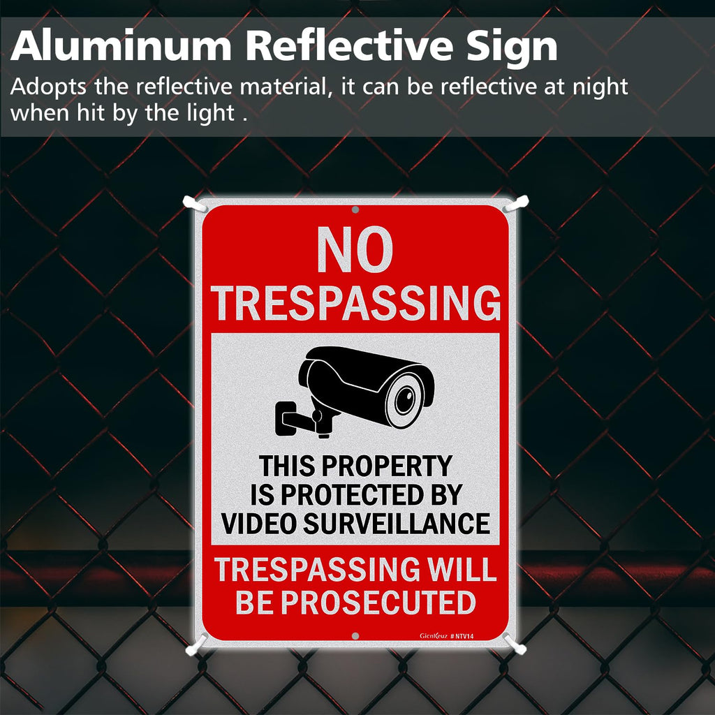 Large Video Surveillance Signs, 14x10 Inches No Trespassing Sign Private Property Sign, Reflective Aluminum, Fade Resistant,Indoor or Outdoor Use (4-Pack) 14x10" 4 Pack