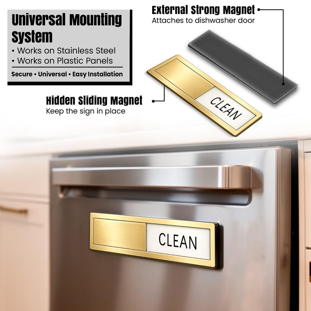 Premium Stainless Steel Clean Dirty Magnet for Dishwasher - Universal Dishwasher Clean Dirty Magnet for All Kitchen Appliances | Smooth Glide & Anti-Rust Frame (7 x 1.6 Inches) (Gold) Gold