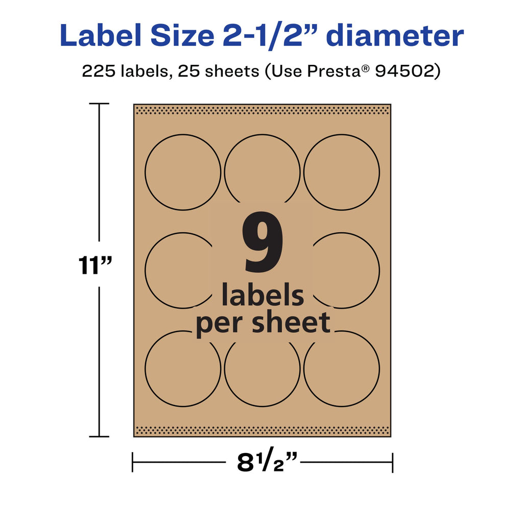 Avery® Kraft Brown Round Labels, Sure Feed® Technology, 2.5" Diameter, 225 Kraft Brown Labels, Print-to-The-Edge, Laser/Inkjet Printable 225 labels