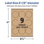 Avery® Kraft Brown Round Labels, Sure Feed® Technology, 2.5" Diameter, 225 Kraft Brown Labels, Print-to-The-Edge, Laser/Inkjet Printable 225 labels