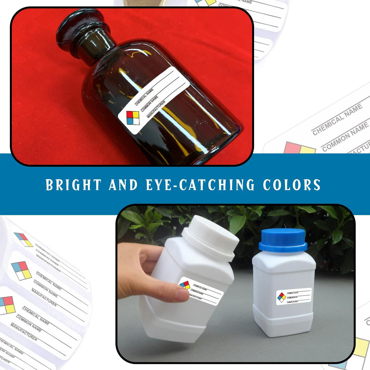 Well Tile SDS stickers for chemical safety labeling, 1x3 inch industrial decals with write-in labels for chemical identification.