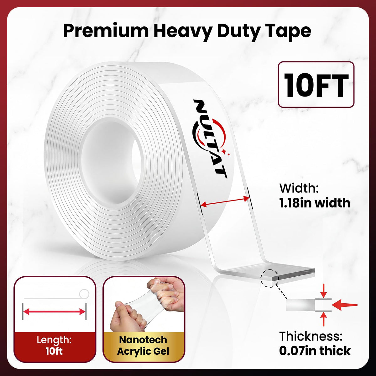 NULTAT Double Sided Tape Heavy Duty, Nano Reusable, Removable, Washable Double Stick Tape for Wall, Multipurpose Clear Adhesive High Temperature Tape 1.18" x 120"(10 Feet) 10 Feet