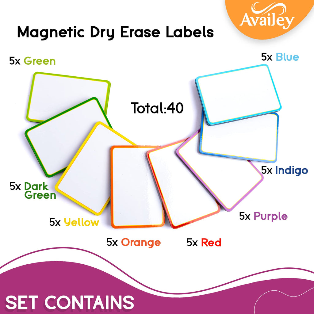 Availey 72 Pcs Magnetic Dry Erase Labels - 40 Pieces of 3 x 2 with Colored Border and 32 Pieces of 4 x 1.8 with Full White Front