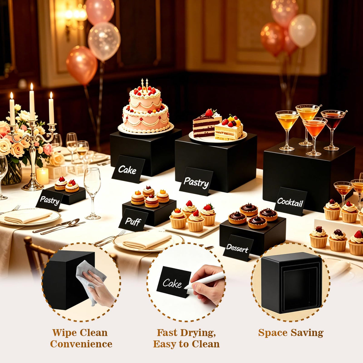 6PCS Buffet Risers,Food Display Stands with Mini Sign and Marker,for Buffet Table,Black Acrylic Cube Boxes Nesting Risers,Hollow Bottoms,for Cake Catering Dessert Party(8",7",6",5",4",3") Black with Sign