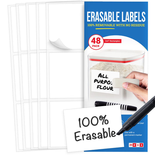 MESS Reusable Kitchen Labels - Erasable, Organizing (3x4) - Fridge & Freezer Safe - White Dry Erase (48) 3x4"