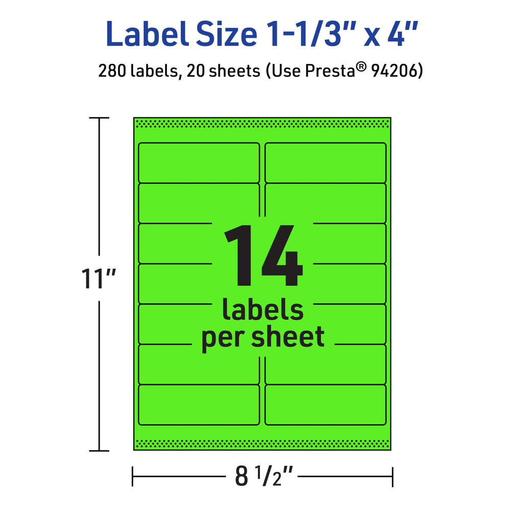 Avery® Printable Rectangle Labels, Sure Feed® Technology, 1-1/3" x 4", Neon Green Labels, Laser/Inkjet Printable, 280 Total, Great for Mailing and Packaging 280 labels