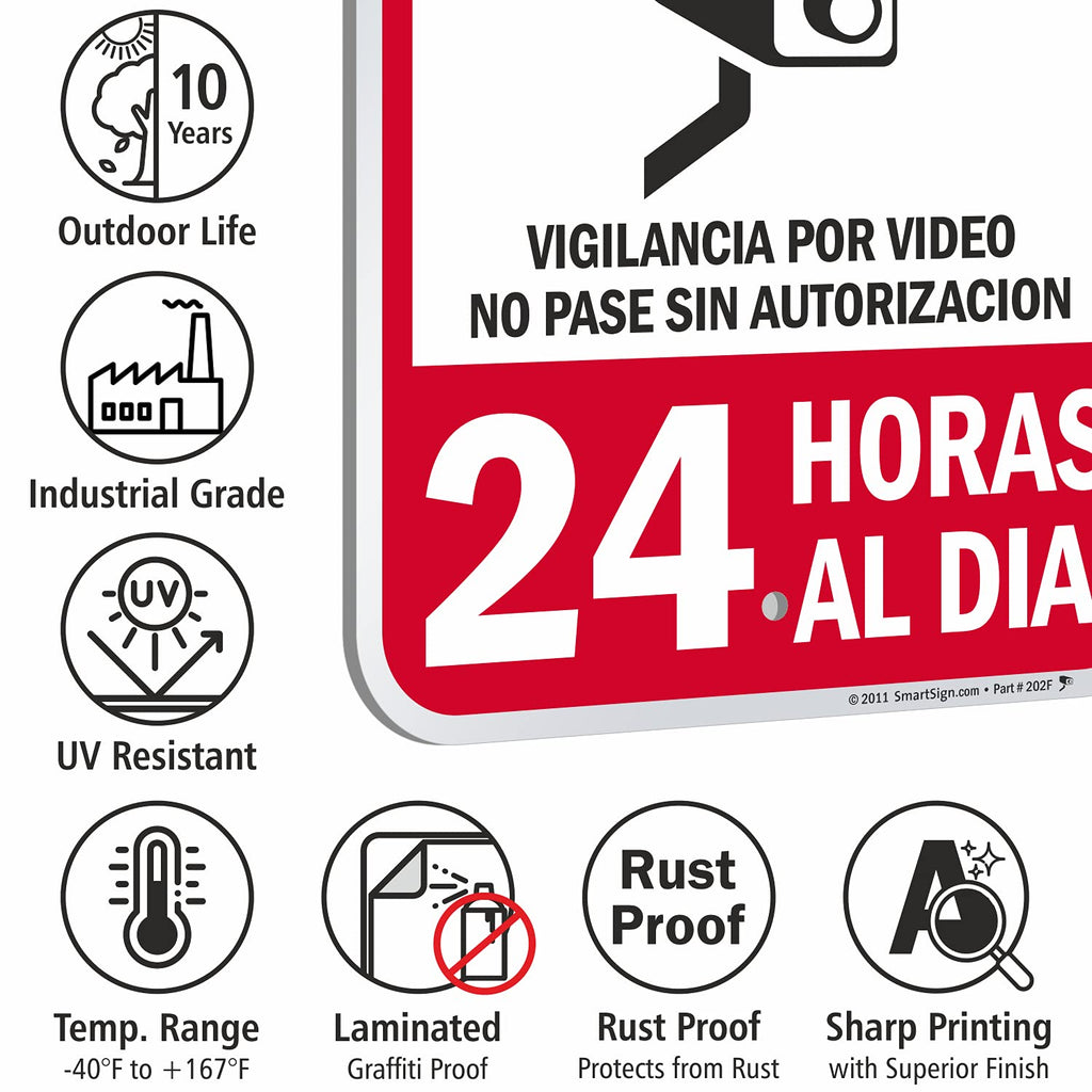 SmartSign 18 x 12 inch “24 Hours A Day - Video Camera Surveillance, No Trespassing, Vigilancia Por Video” Bilingual Metal Sign, 63 mil Laminated Rustproof Aluminum, Red, Black and White 18" x 12"