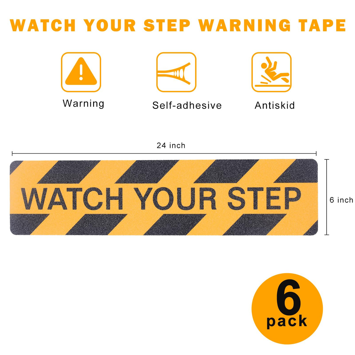 Watch Your Step Decals, 6 x 24 Inch, 6 Pack Caution Warning Stickers