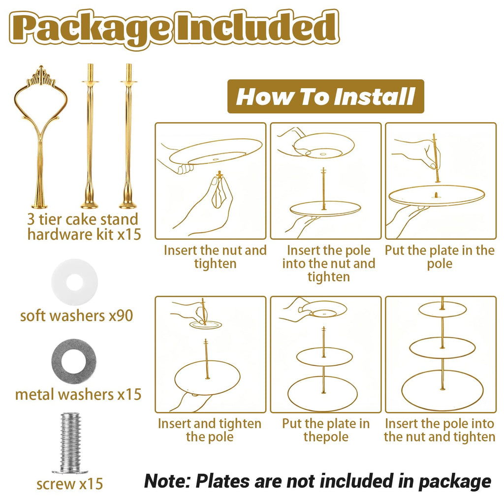 QTLCOHD 15 Sets 3 Tiered Cake Stand Hardware Kit, Zinc-Alloy, Gold Crown