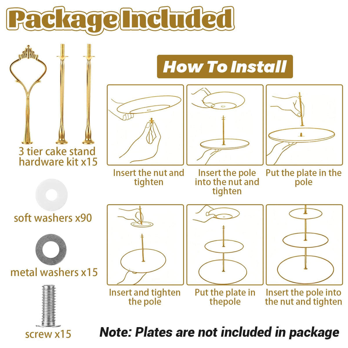 QTLCOHD 15 Sets 3 Tiered Cake Stand Hardware Kit, Zinc-Alloy, Gold Crown