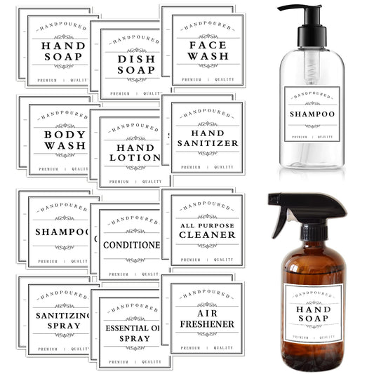 TESWEY Bathroom Bottle Labels, Retro Style Container Labels for Glass or Plastic Bottles, Waterproof Labels for Hand Soap Shampoo Lotion Dispenser White
