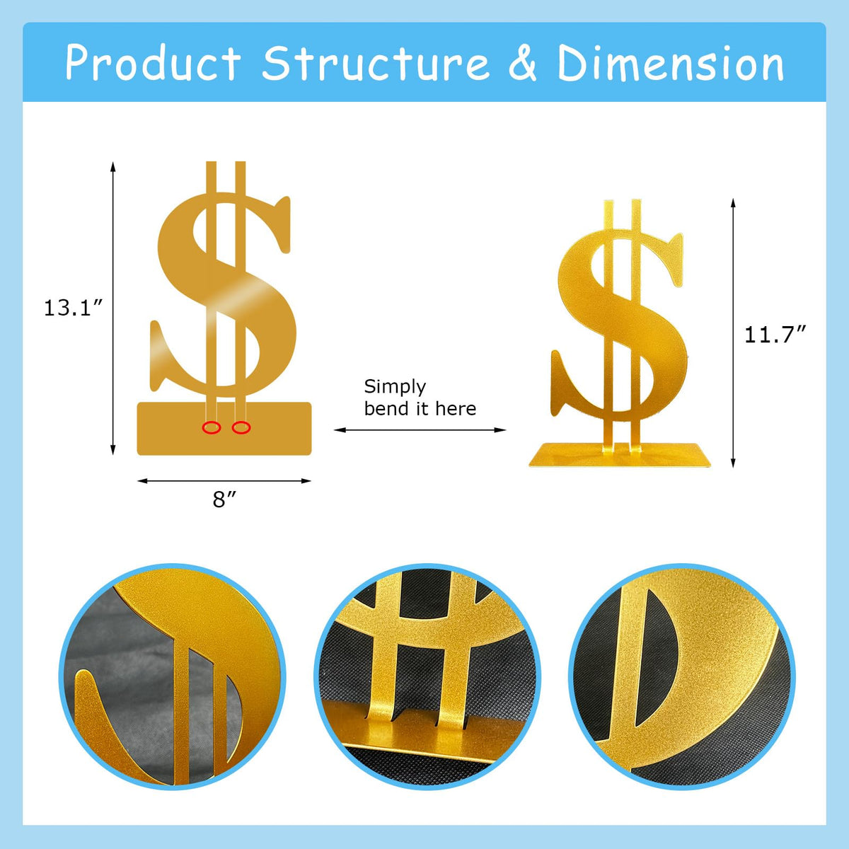 Metal Dollar Sign Tabletop Decor, Golden Dollar Metal Table Top Decor, Gold Centerpieces for Table, US Money Party Decoration, Casino Night Theme Party Supplies