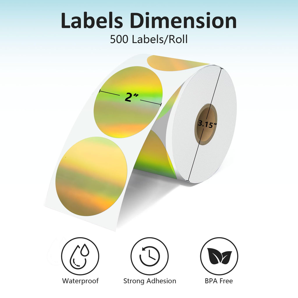 2'' Holographic Gold Thermal Labels - 500pcs Round Thermal Printer Labels 2 inch Round