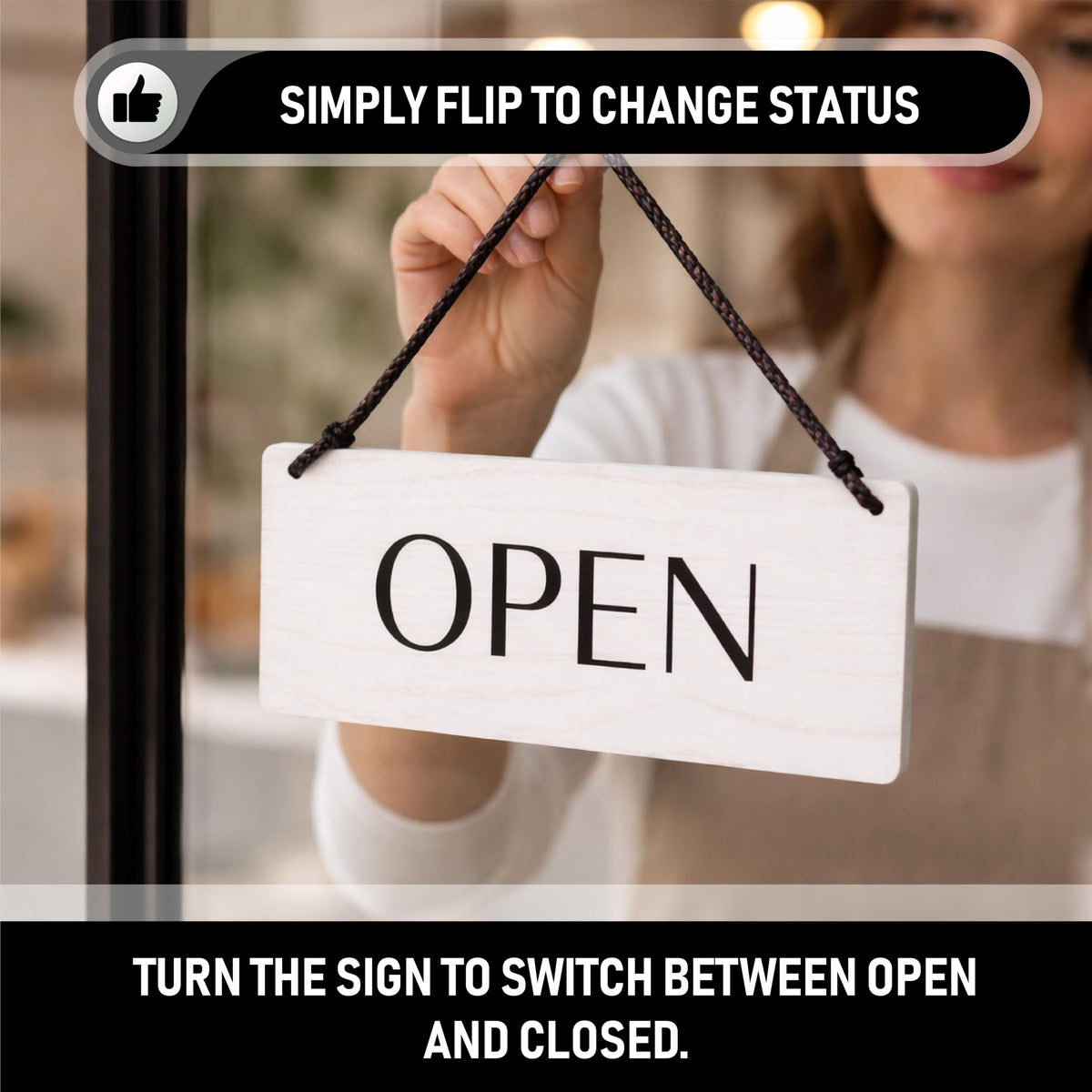 Open Closed Business Sign – Double Sided Real Ash Wood Hanging Open Sign for Storefront Door or Window - White Minimalist We Are Open Sign - 10 x 4 Inch