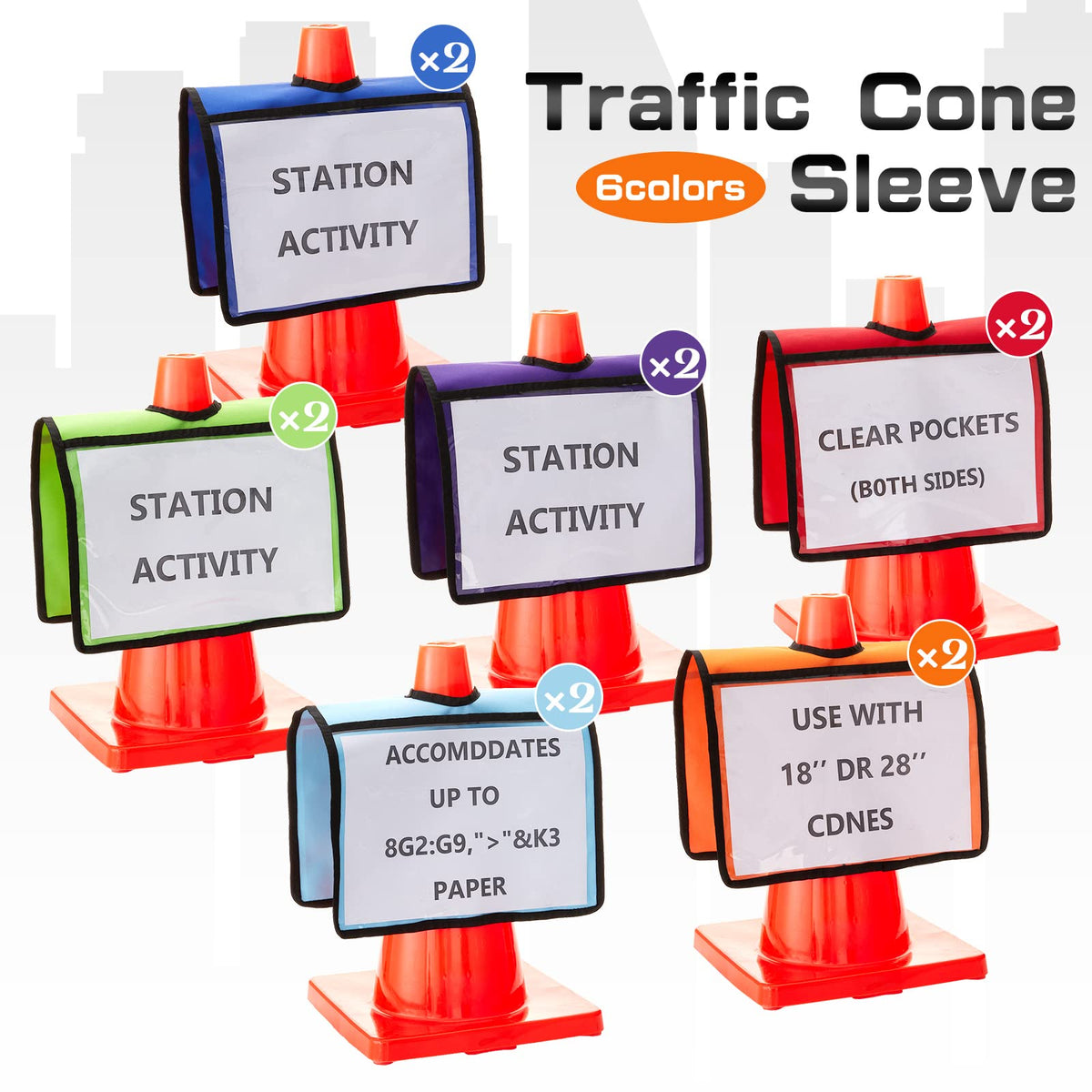 Amylove Set of 12 Traffic Cone Sleeve with Pockets, Multicolor