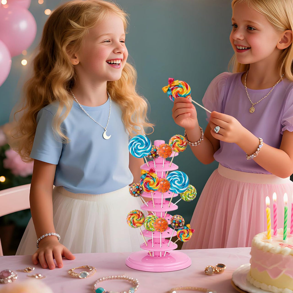 PRETYZOOM Pink Adjustable Multi-Tier Lollipop Stand Candy Display Rack for Parties Weddings Store Use 10.62X5.31X5.31 Inch Lollipop Holder for Kids and Events