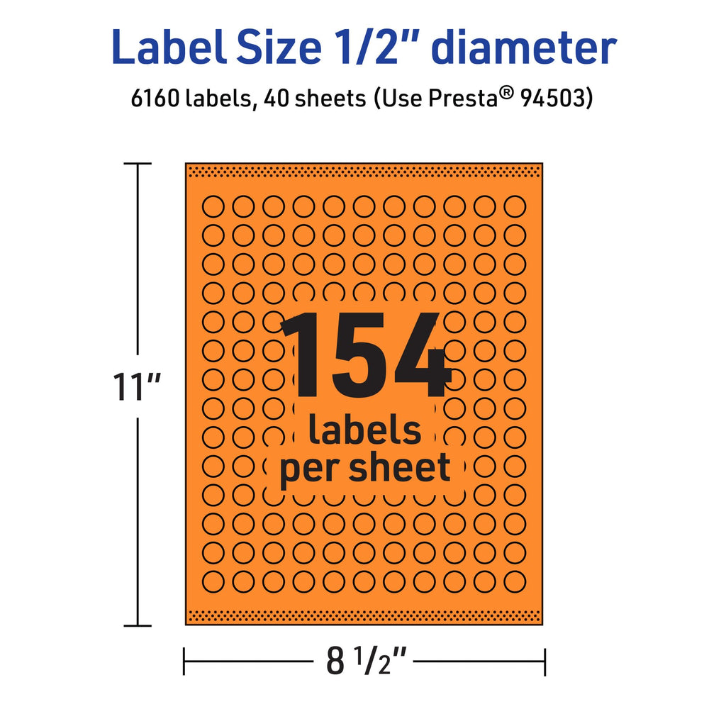 Avery® Printable Round Labels, Sure Feed® Technology, 1/2" Diameter, Bright Orange Labels, Print-to-the-Edge, Laser/Inkjet, 6,160 Total, Great for Price Stickers and Mailing Seals 6,160 labels