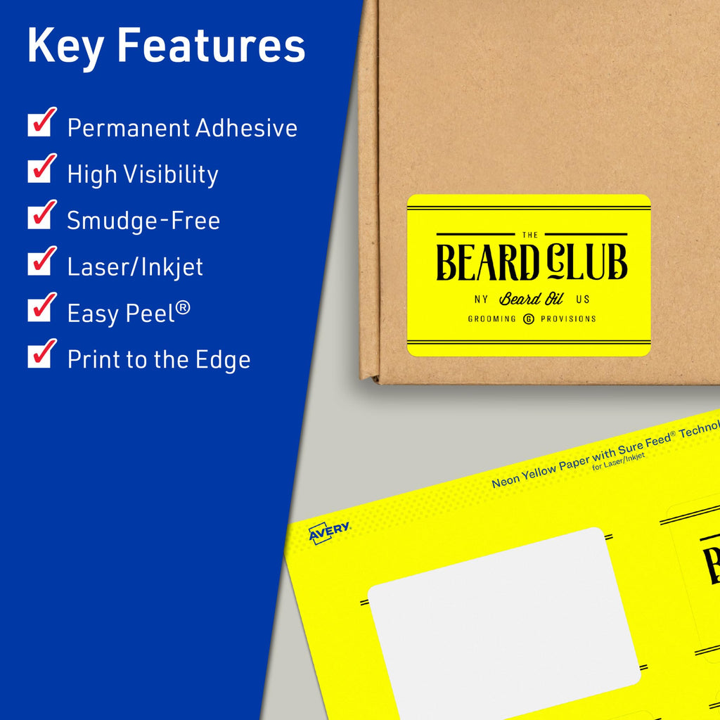 Avery Printable Rectangle Labels, Sure Feed Technology, 2" x 3-1/2", Neon Yellow Labels, Print-to-The-Edge, Laser/Inkjet Printable, 160 Total, Great for Mailing and Candles 160 labels