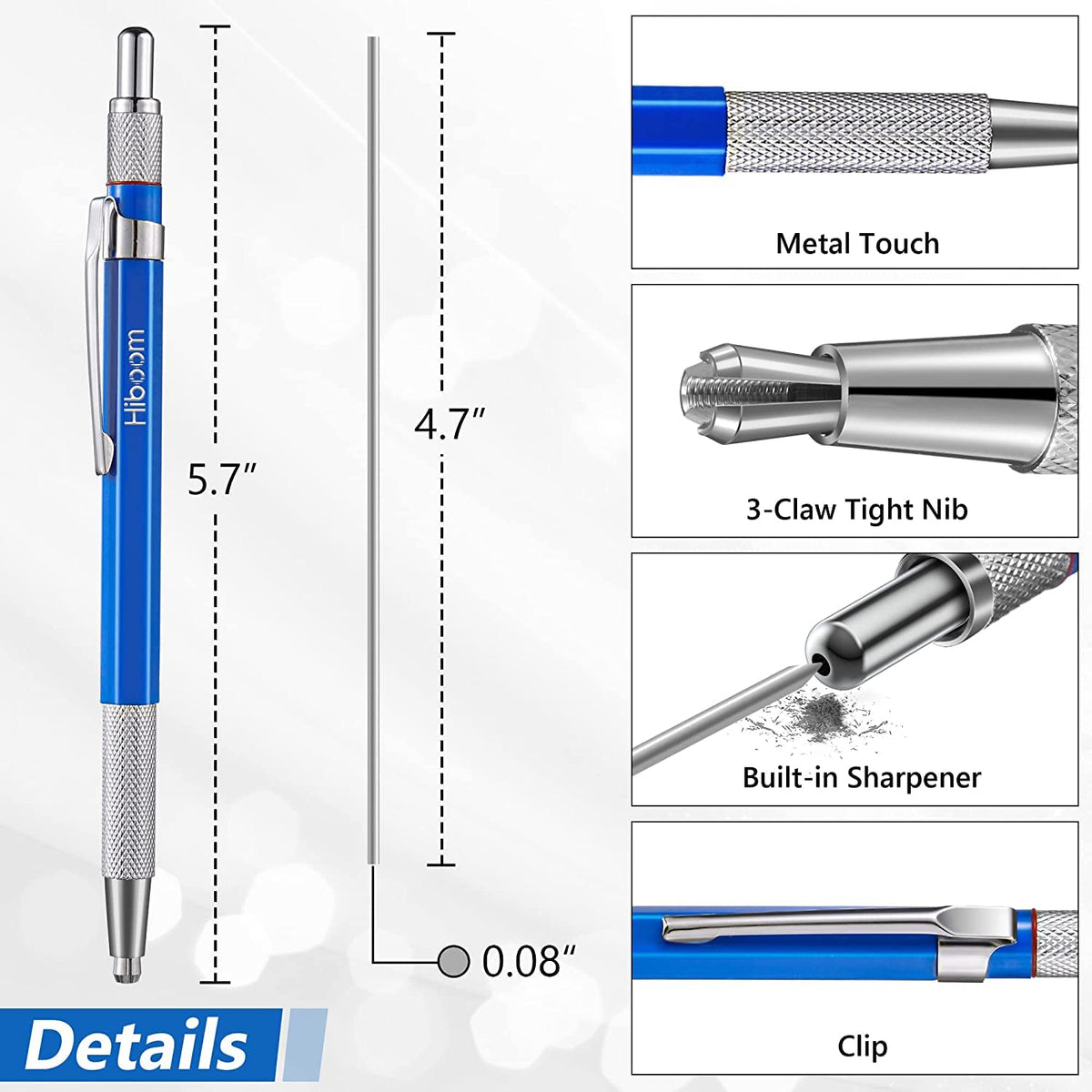 Hiboom 2 Pcs Welders Pencil with 24 Pcs Silver Round Refills, Mechanical Pencils Metal Marker with Built in Sharpener for Pipe Fitter Welder Steel Construction Fabrication Woodworking, Design Patent