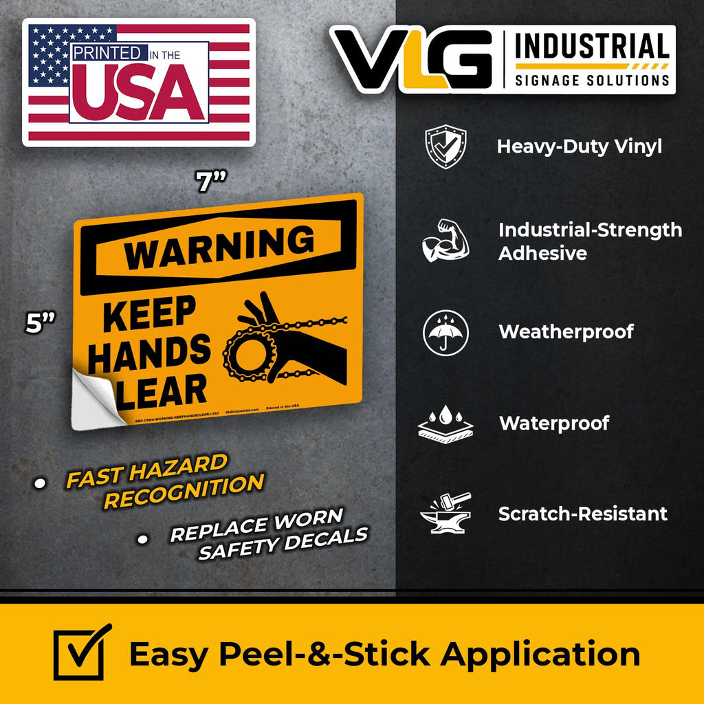 WARNING Keep Hands Clear Safety Labels 5-Pack, OSHA Style Moving Chain & Sprocket Hazard Decals, Industrial Machine Safety Stickers, Waterproof UV Laminated Vinyl, 5"x7" Equipment Warning Labels