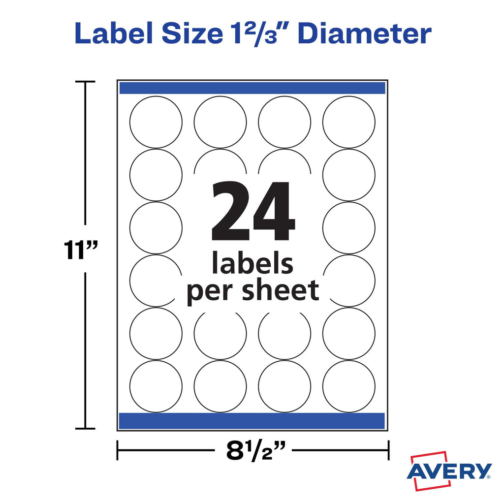 Avery White High Visibility Round Labels with Sure Feed, Permanent, 1-2/3", 2 Pack, 1,200 Labels Total (32135)