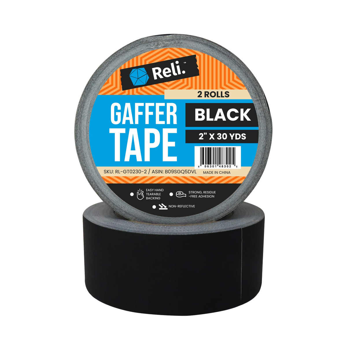 Reli. Gaffers Tape, Black | 2 Rolls | 2" x30 Yards Per Roll (60 Yards Total) | Heavy Duty Gaff Tape, Gaffer Two Inch Wide | Black Cloth for Cables, Electrical Cords, TV Production/Filming