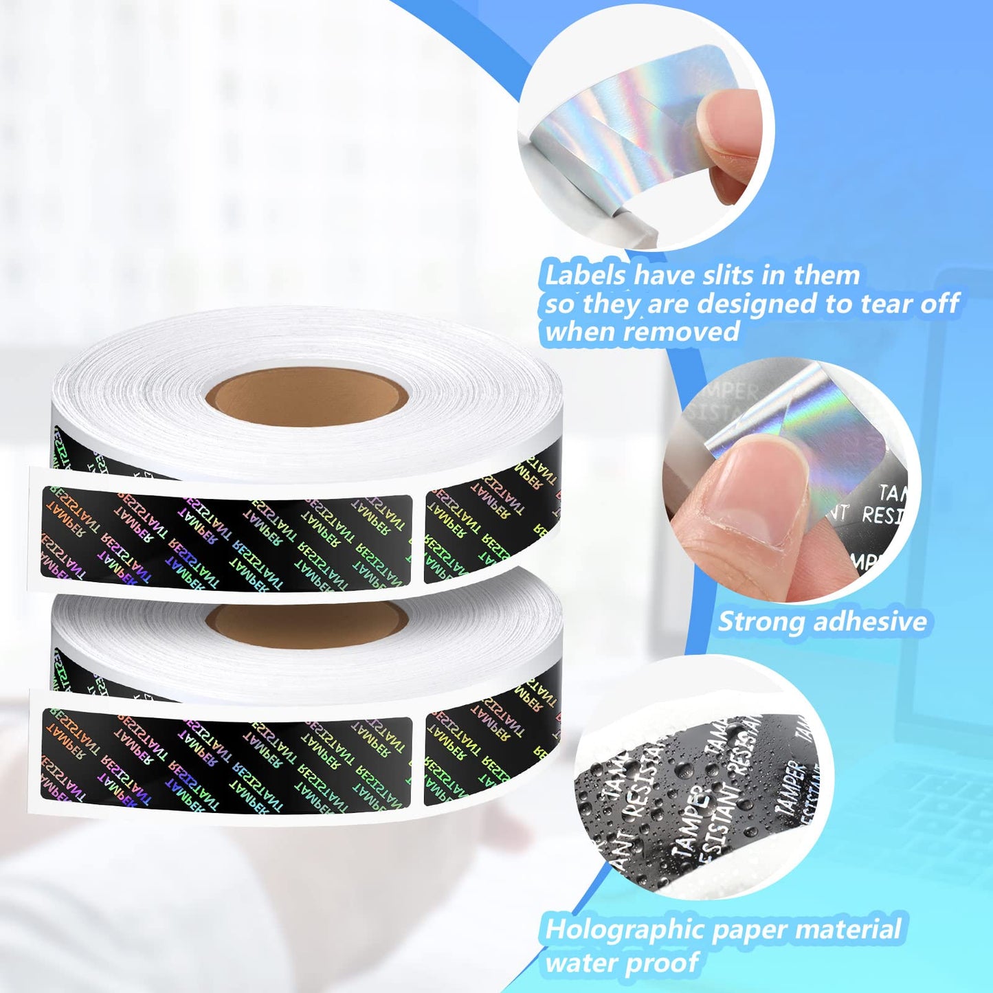 2 Rolls Tamper Seal Tamper Stickers Resistant Metallic Labels Adhesive Stickers 0.75 x 3.5 Inch Holographic Food Labels for Containers Box Jars Mailing Packaging Sealing Delivery 2