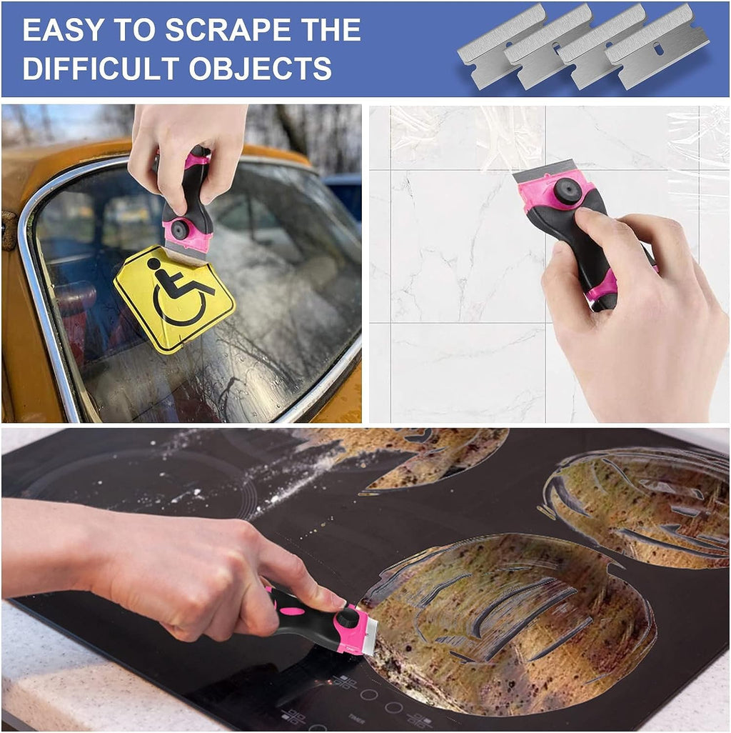 Pink DEKEones razor blade scraper with double-edged blades for glass, decals, paint, stickers, and adhesive removal.