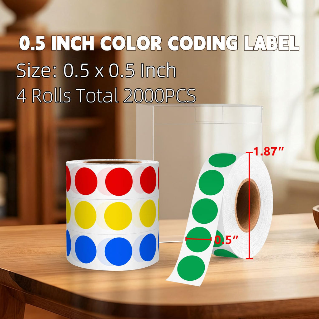 PARLAIM 1/2 inch round color-coded adhesive stickers in red, yellow, blue, and green on four rolls, 2000 small dot labels.