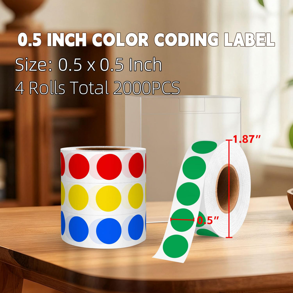 PARLAIM 1/2 inch round color-coded adhesive stickers in red, yellow, blue, and green on four rolls, 2000 small dot labels.