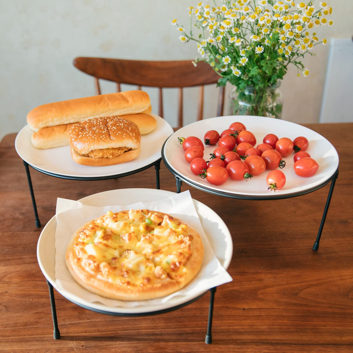 HPC DECOR Set of 3 Black Metal Wire Pizza Pan Riser Stands- Round Pizza Tray Riser Rack - Tabletop Display Racks for Food Platter Tray- Metal Display Stands for Home, Restaurant and Party Black Round Set of 3