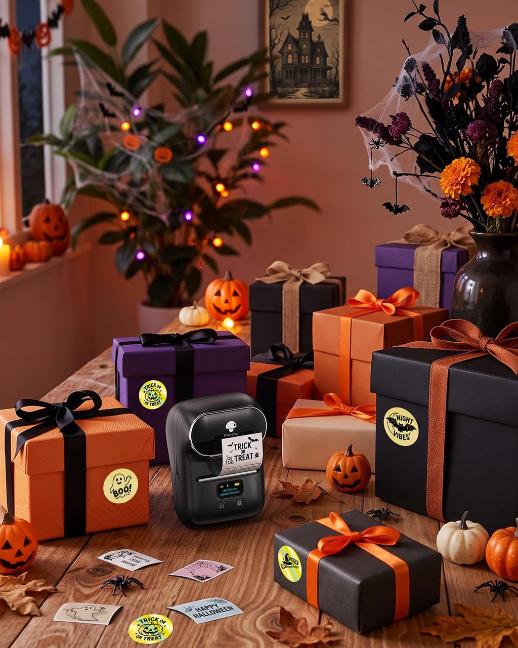 Phomemo M110 Label Makers, Portable Bluetooth Thermal Printer with Display Black 1 Printer + 1 Roll Label
