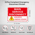 12 Pack Main Service Disconnect Labels Sign, Emergency Service Disconnect Sticker Decals for Electrical Panel, Indoor and Outdoor(5"x3.5")