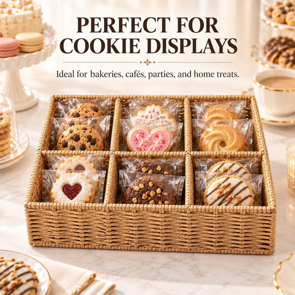 Cookie Display Stand, 6-Compartment Woven Snack Basket for Vendors, Natural