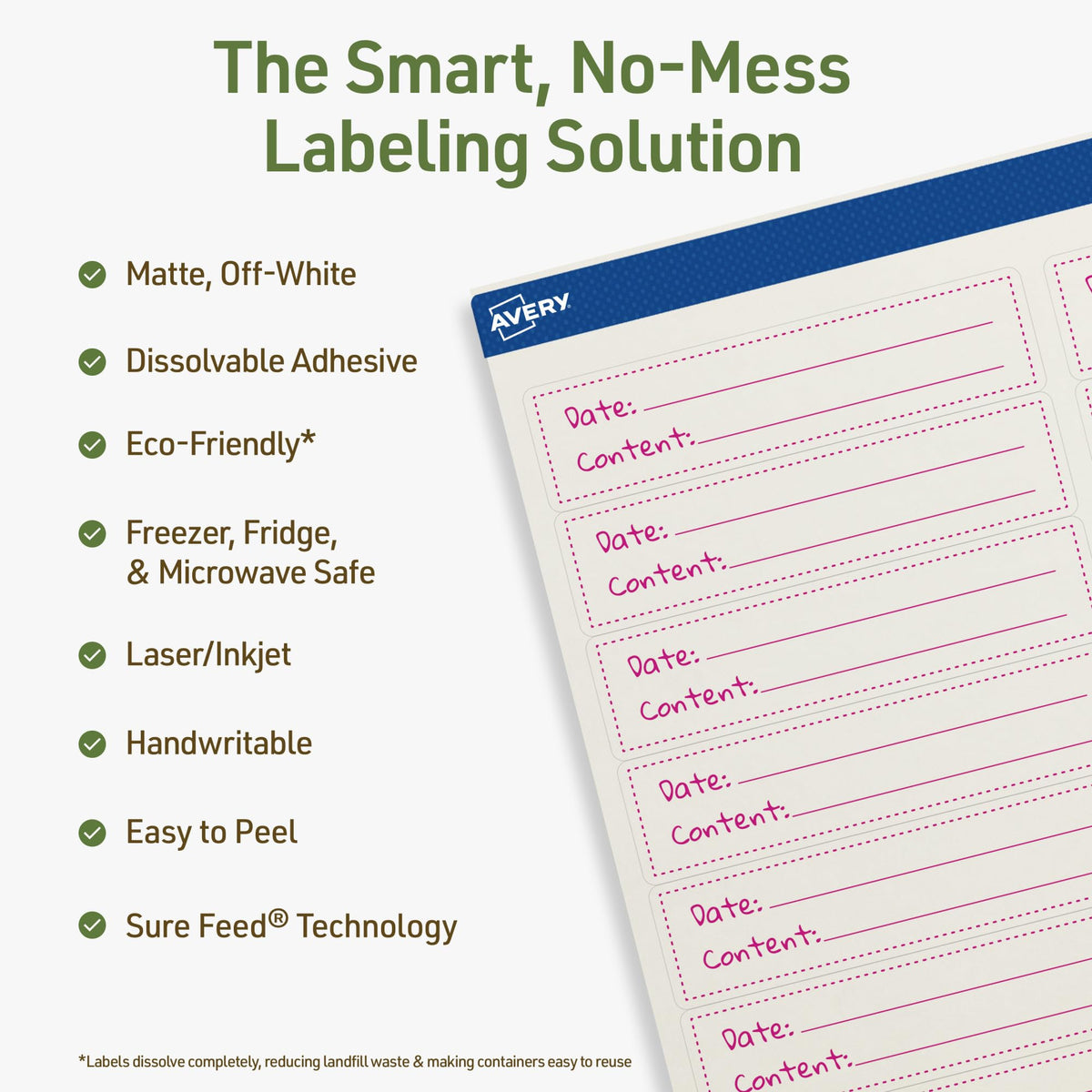 Avery Dissolvable Rectangle Labels, Sure Feed Technology, 1" x 4", Matte White, Laser/Inkjet Printable, 500 Labels Total, Freezer-Safe, Microwave-Safe, Refrigerator-Safe