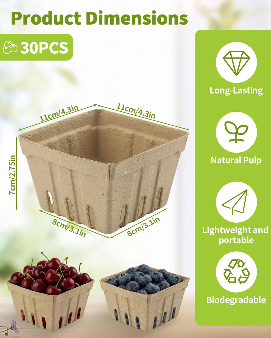 30 Pack Natural Pulp Fiber Berry Basket (4.3x4.3x2.75 Inch), Natural Pulp Produce Baskets & Berry Containers, Vented Strawberry Baskets for Farmers Market Decor, Grocery Store and Kitchen Display Tawny 1Pint 30
