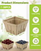 30 Pack Natural Pulp Fiber Berry Basket (4.3x4.3x2.75 Inch), Natural Pulp Produce Baskets & Berry Containers, Vented Strawberry Baskets for Farmers Market Decor, Grocery Store and Kitchen Display Tawny 1Pint 30