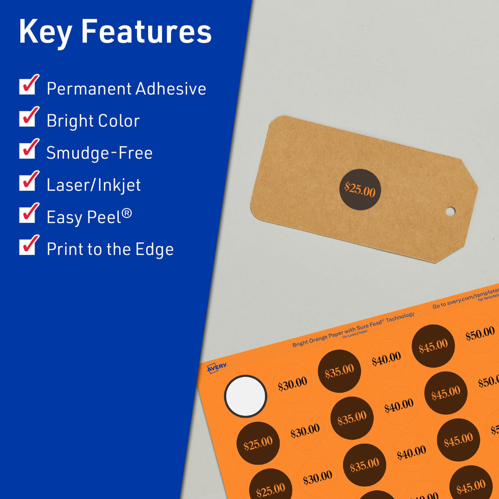 Avery® Printable Round Labels, Sure Feed® Technology, 1/2" Diameter, Bright Orange Labels, Print-to-the-Edge, Laser/Inkjet, 6,160 Total, Great for Price Stickers and Mailing Seals 6,160 labels