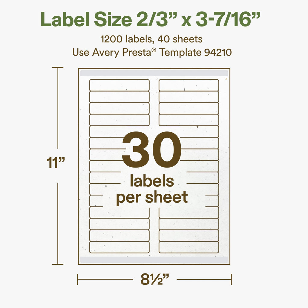 Avery Printable Rectangle Hemp Labels with Sure Feed Technology, 2/3" x 3-7/16", Off-White, Laser & Inkjet Compatible, 1200 Total, Great for Product Branding, Packaging, and More 1,200 Labels