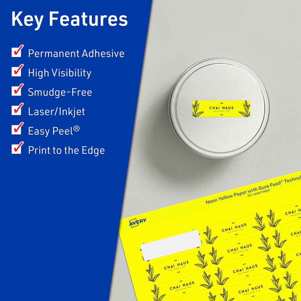 Avery Printable Rectangle Labels, Sure Feed Technology, 1/2" x 1-3/4", Neon Yellow Labels, Print-to-The-Edge, Laser/Inkjet Printable, 1,200 Total, Great for Jars and More 1,200 labels